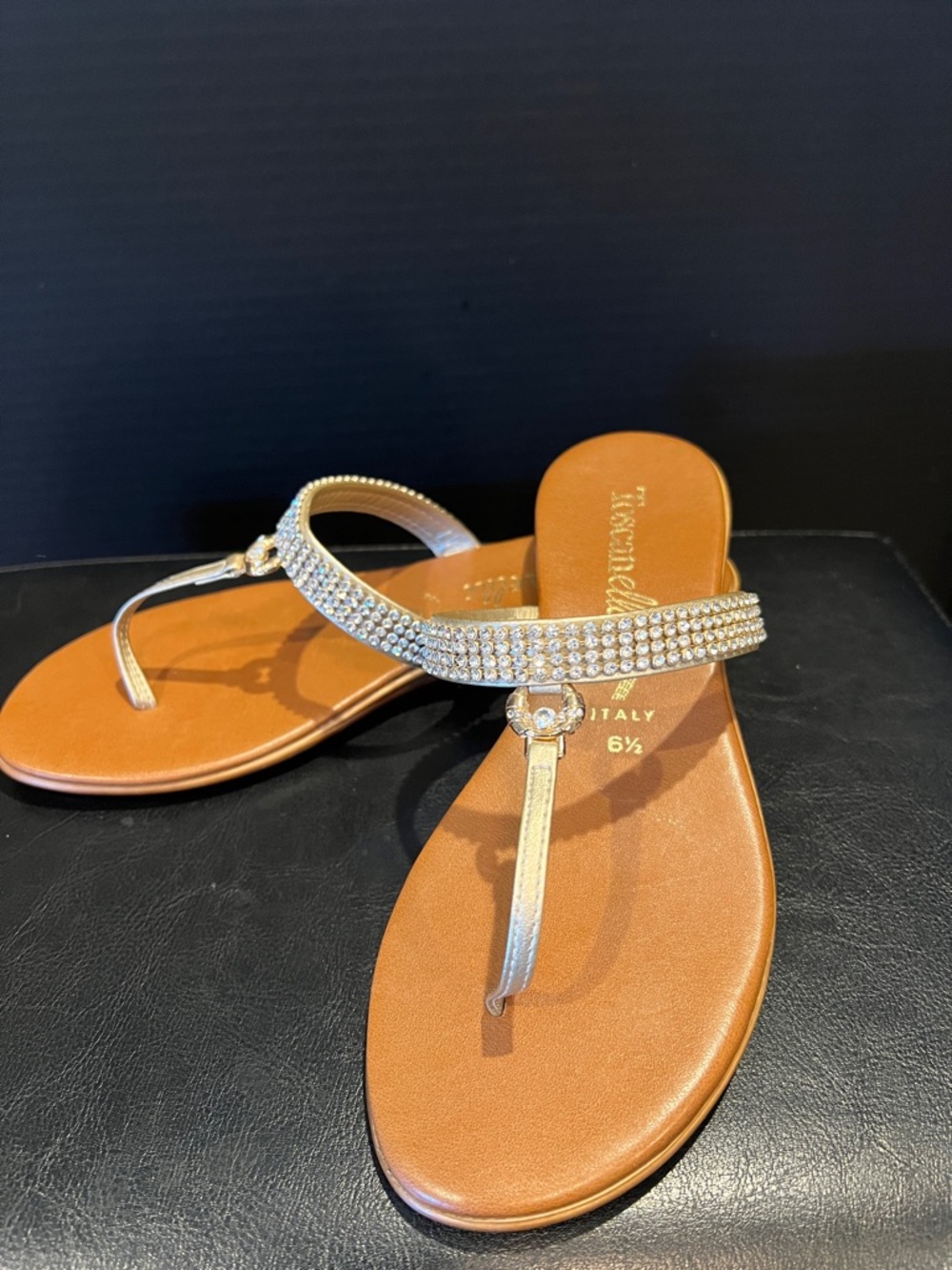 Embellished Gold T-Strap Sandals with Rhinestone Detail